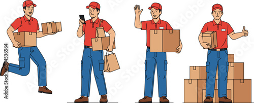 Delivery Service Personnel Character Set Featuring Couriers Carrying Parcels, Using Mobile Apps, and Providing Friendly Service for Logistics and E-commerce Design