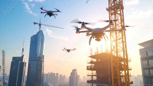 Wallpaper Mural Drones soar over a city construction site, bathed in the warm light of the rising sun Torontodigital.ca