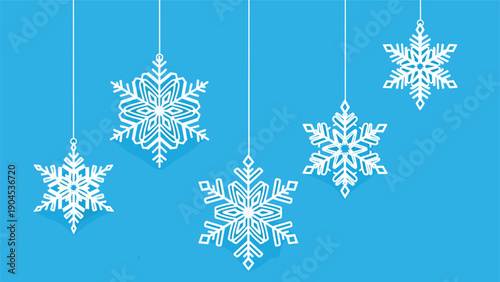 Modern graphic design featuring five white decorative paper snowflakes hanging against a bright blue background for winter holiday decorations.