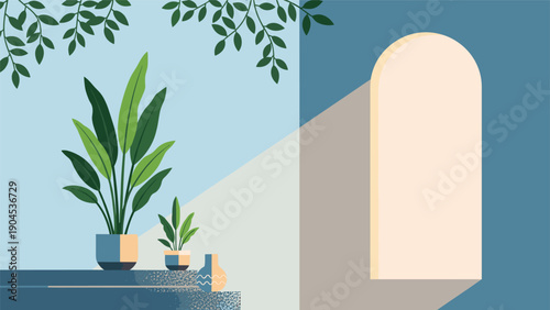 Peaceful modern interior with indoor plants and warm sunlight coming through an arched doorway onto the floor in a pixel art style illustration.