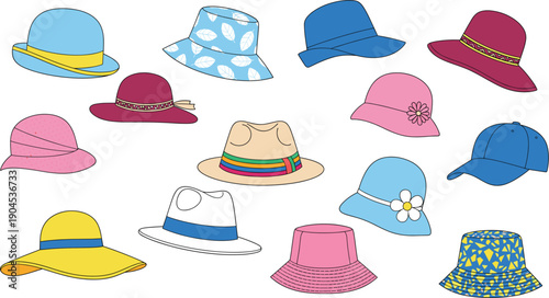 Diverse Ladies' Hat Collection Featuring Summer Sun Hats, Fedora Styles, Cloche Hats, and Casual Bucket Hats for Fashion and Lifestyle Design