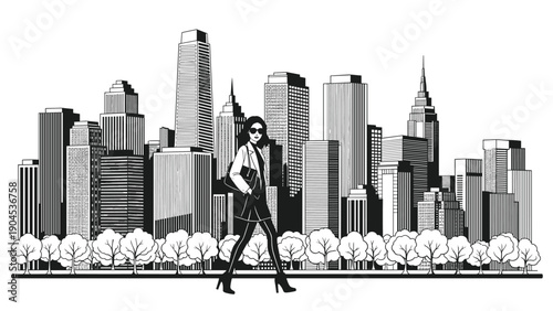Striking black and white illustration of a fashionable woman walking in front of a modern city skyline with tall skyscrapers and urban trees.