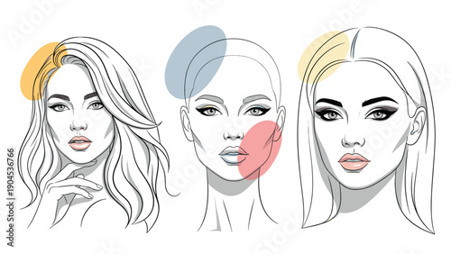 Minimalist line art illustration of three female faces showcasing different beauty techniques and makeup application areas with highlights.