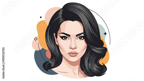 Stunning portrait of a woman with long dark wavy hair and professional makeup set against artistic abstract background shapes.