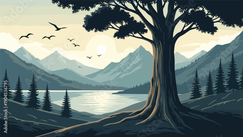 Peaceful nature landscape featuring a majestic tree overlooking a calm lake and distant mountain range during a golden sunset.