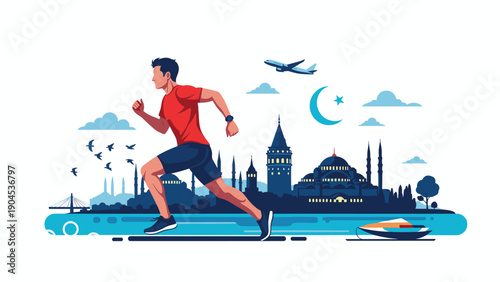 Active man running along a waterfront with a beautiful city skyline featuring mosque silhouettes and bridges at dawn.