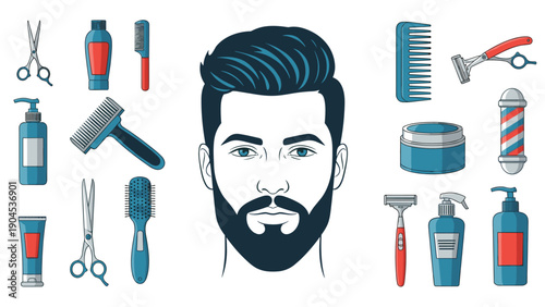 Detailed illustration of a bearded man's face surrounded by various professional barber tools and grooming items in a modern barber shop theme.