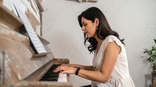 Wallpaper Mural Woman plays piano, sheet music present. Antique piano and casual attire. Side profile, serene expression Torontodigital.ca