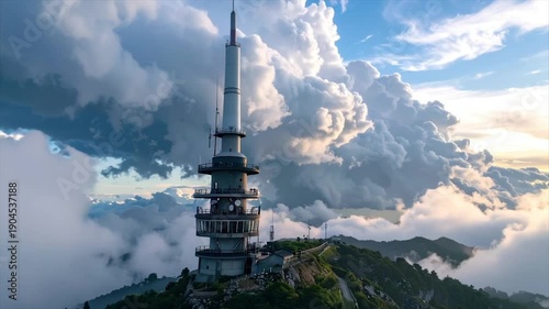 Wallpaper Mural A tall telecommunications tower sits atop a mountain peak, surrounded by clouds Torontodigital.ca