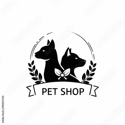 Elegant pet shop logo with two dog silhouettes and laurel wreath.
