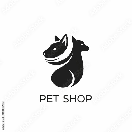 Minimalist black and white pet shop logo featuring a dog and cat silhouette.