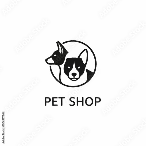 Minimalist black and white pet shop logo with two dog heads in a circle.