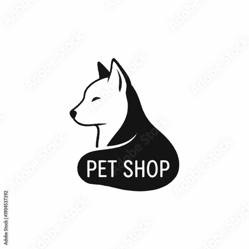 Stylized black and white dog logo for a pet shop.