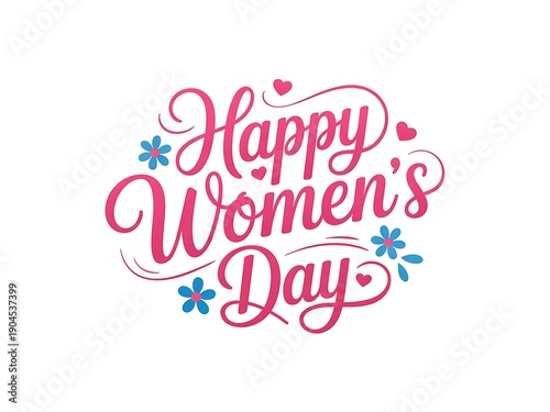 Festive hand lettering design for happy womens day with hearts and floral elements