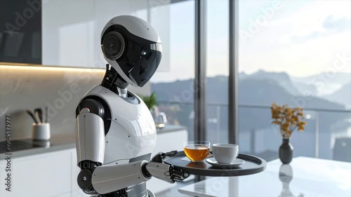 Wallpaper Mural A sleek, white robot serves tea on a tray, kitchen background, large window with a scenic view Torontodigital.ca