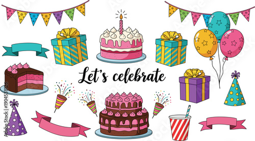 Vibrant Birthday Celebration Set Featuring Tiered Cakes, Gift Boxes, Balloons, Party Hats, and Confetti Poppers for Festive Event Design and Greeting Cards