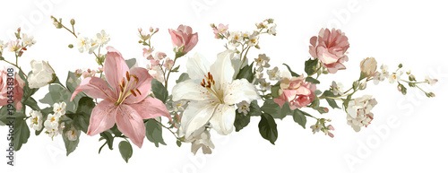 Delicate pink and white lilies with wild jasmine branches border design element isolated on transparent background for vintage style wedding invitation greeting card and spring floral banner