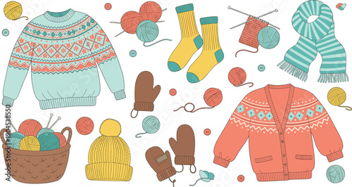 Winter Knitwear and Knitting Hobby Set Featuring Fair Isle Sweaters, Cardigans, Wool Socks, Mittens, and Yarn Baskets for Seasonal Lifestyle Design