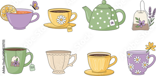 Whimsical Hand-Drawn Tea Set Featuring Patterned Mugs, Floral Teacups with Tea Bags, Polka-Dot Teapot, and Citrus Accents for Café Branding