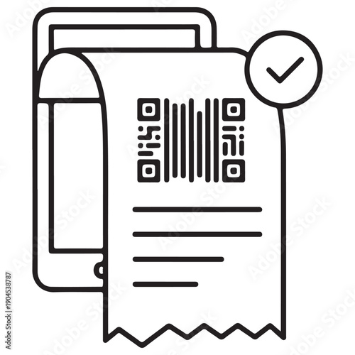 Digital receipt and smartphone icon with QR code and checkmark representing successful mobile payment and electronic billing process for financial technology and e-commerce concepts.