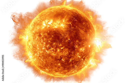 Fiery sun with solar flares isolated on transparent background. Fiery sun with solar flares and plasma eruption isolated on white background.