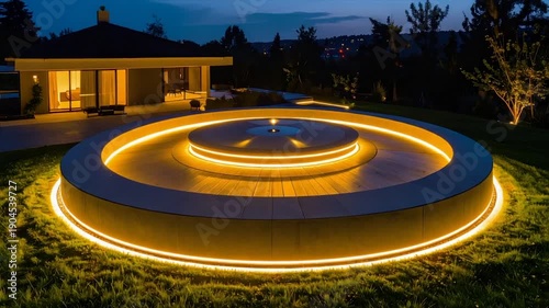 Wallpaper Mural A circular illuminated patio structure with tiered levels, lights, and a house in the background Torontodigital.ca