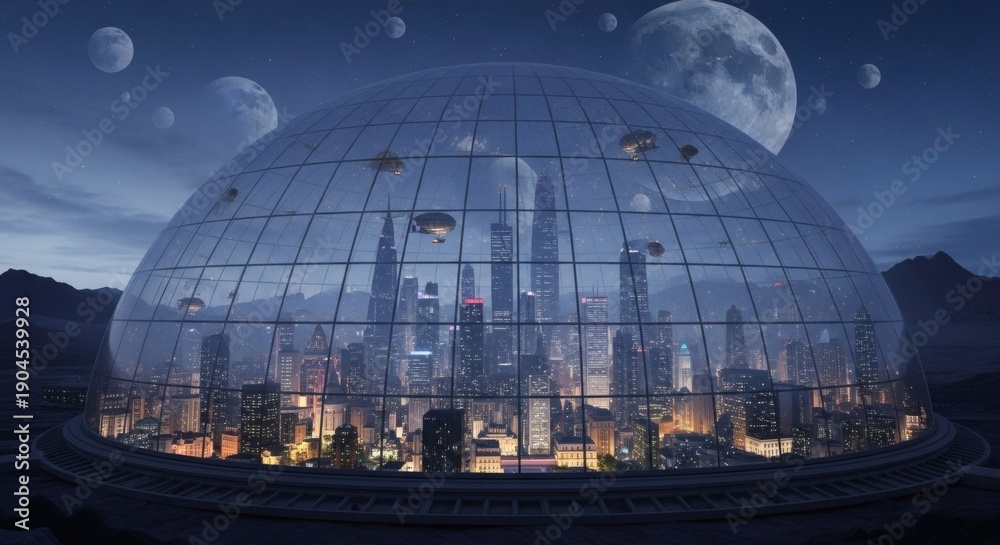 Fototapeta premium A futuristic cityscape enclosed in a large glass dome under a night sky with multiple moons.