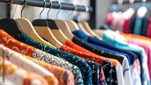 Wallpaper Mural A collection of patterned shirts hang on wooden hangers in a clothing store, varied colors Torontodigital.ca