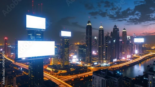 Wallpaper Mural A cityscape at dusk with billboards, skyscrapers, and illuminated highways Torontodigital.ca