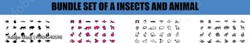 Silhouette, line art, outline, dot, dotted Diverse Collection of Silhouetted Insects and Animals Represented in Multiple Styles and Colors
