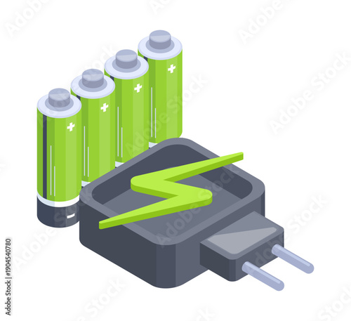 Alkaline batteries charger. Isometric charging accumulators, electric charging equipment 3d flat vector illustration. Charging batteries on white