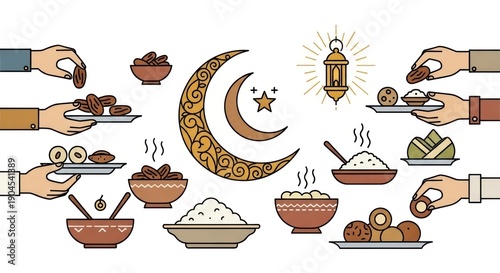 Ramadan food and crescent moon.