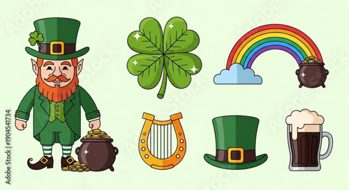 Leprechaun with Pot of Gold, Shamrock, Harp and Hat, Rainbow and Beer Mug Illustration