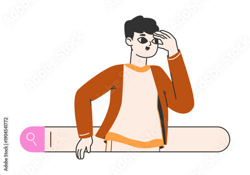 Guy searching online. Man use search bar, web searching, internet browsing and web pages surfing flat vector illustration. Search bars user