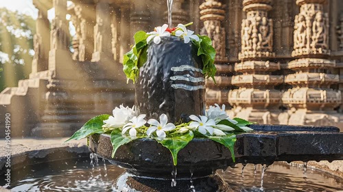 Sacred Shiva Lingam adorned with white flowers and green leaves receives purifying water stream with sun rays filtering through ancient stone temple ruins in India