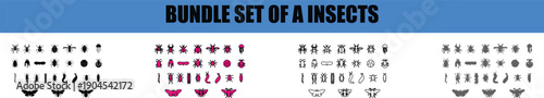 Silhouette, line art, outline, dot, dotted Diverse collection of stylized insect and bug icons in various artistic styles for educational or design purposes