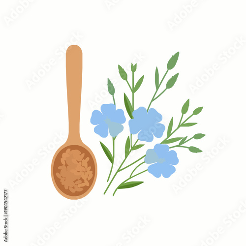 Flax seeds and linum flower nutrition flat vector illustration on white background
