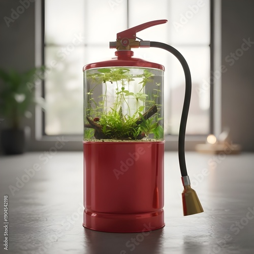Fire Extinguisher Filled with Water Plants
Description: Fire extinguisher repurposed as a plant container.