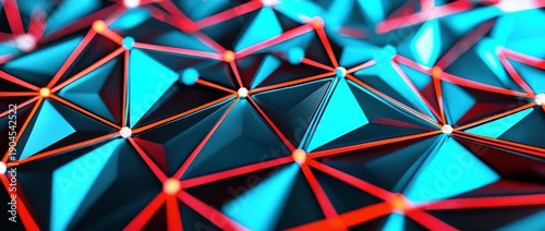 Abstract dark geometric network pattern with glowing blue triangles and red connections