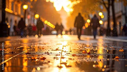 Blurred city street at sunset with wet pavement and falling leaves