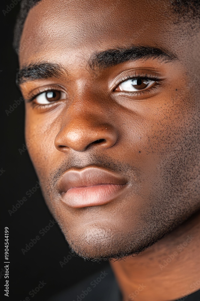 Obraz premium A model looks directly at the camera with a serious expression. The focus is on the model's face, highlighting skin details in a dark setting