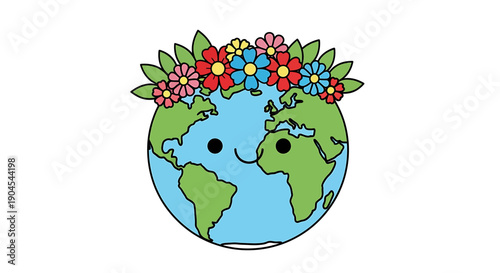 A cute cartoon Earth character with a happy face wearing a vibrant floral crown, symbolizing nature and environmental care.
