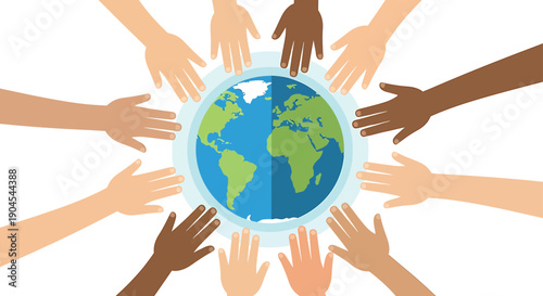 Diverse hands of various skin tones reaching towards a central Earth globe, symbolizing global unity, diversity, and environmental care.