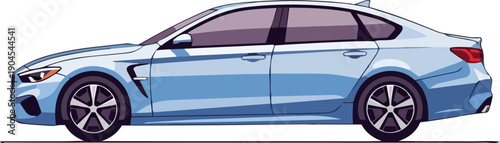 Sleek modern sedan car illustration in a light blue color with stylish alloy wheels and tinted windows, side view