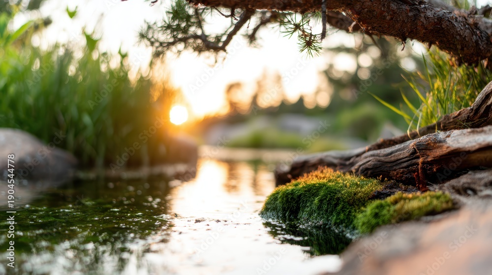 Fototapeta premium A peaceful water scene framed by lush greenery captures the soft sunlight filtering through trees, creating an inviting atmosphere that inspires tranquility and introspection.