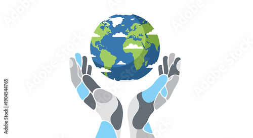 Stylized hands in blue and grey holding up a geometric globe, symbolizing global care and environmental protection.