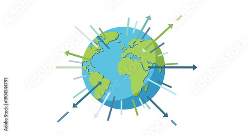 Global Earth with numerous arrows indicating worldwide connections, data flow, and international movement.