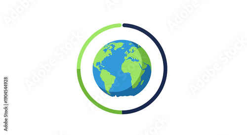 A stylized globe with blue oceans and green landmasses, encircled by a green and dark blue progress ring, symbolizing global progress or environmental data.
