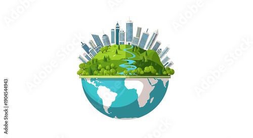 Half globe showing a vibrant green landscape with a city skyline and river on top, symbolizing sustainable urban development and environmental balance.