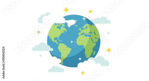 Stylized Earth globe with green continents and blue oceans surrounded by clouds and stars, representing global environment.